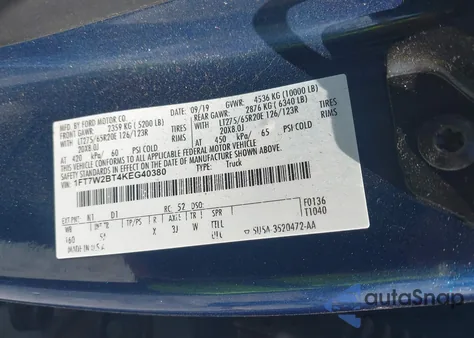 2019 Ford F-250 Lariat from USA, damaged, VIN 1FT7W2BT4KEG40380